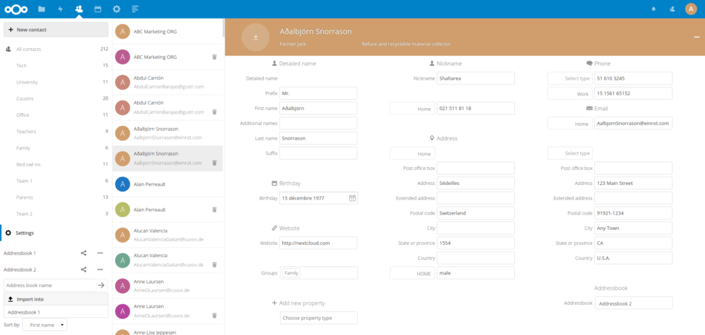 Nextcloud Contacts app (online view)