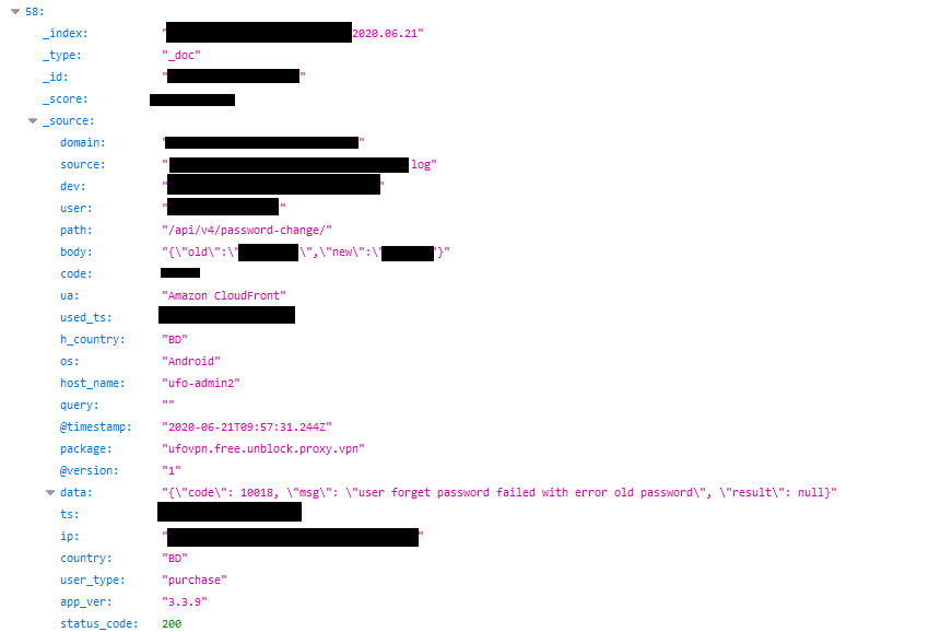 Record of a user from Bangladesh changing their password – shows an old and new password