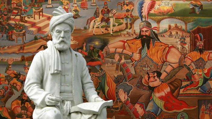 Sculpture of Ferdowsi in front of legends he created in Shahnameh