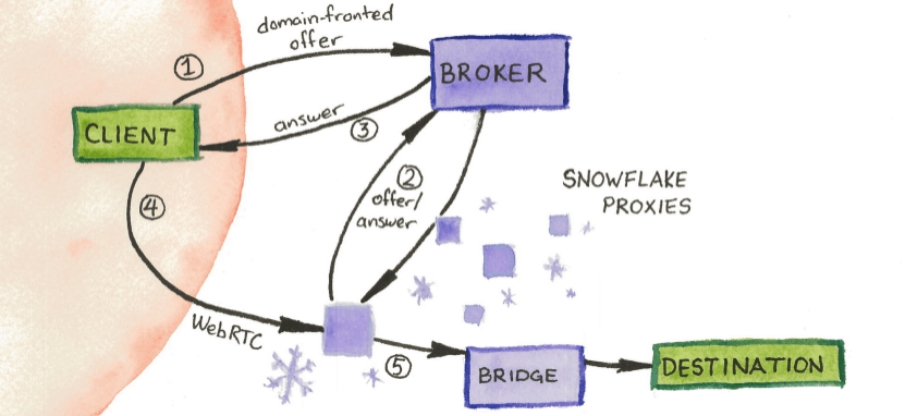 The end-user asks the broker server for a Snowflake proxy The broker finds a Snowflake proxy that is available The broker replies to the end-user The end-user contacts the Snowflake proxy, with a direct peer-to-peer connection The data request is relayed through the Tor network to the destination server (for instance, the website the end-user is browsing)